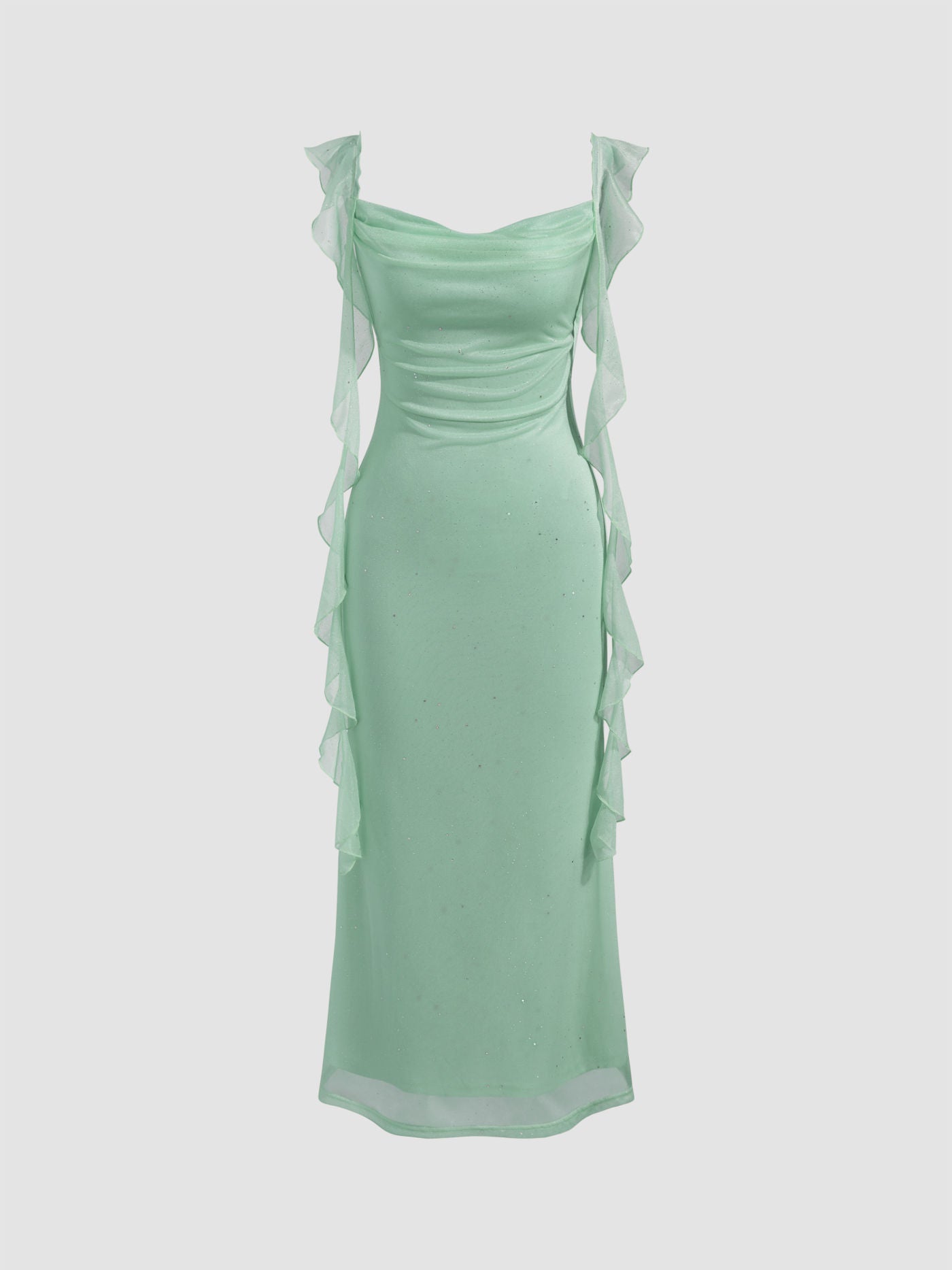 Vestido largo con cuello vuelto y volantes